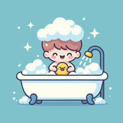 Naklejka premium flat illustration of a child taking a bubble bath