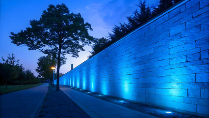 Blue-lit stone wall with dramatic uplighting creating atmospheric evening scene along curved pathway with trees and lamppost silhouetted against twilight sky.