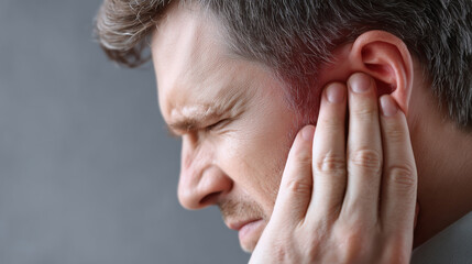 Fototapeta premium Man suffering from ear pain, holding his hand to his ear 