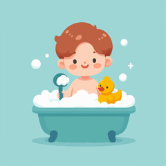 Naklejka premium flat illustration of a child taking a bubble bath