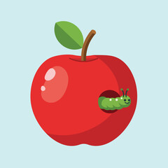 cartoon illustration of a red apple with a green caterpillar emerging from a hole in its side. flat design of an apple with a caterpillar inside