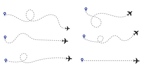 A set of airplane with dotted flight paths, Perfect for flight-related designs, trip planning concepts, and air travel graphics. Airline Route Dashed Line with Plane and Pin. World Travel Route Icon. 