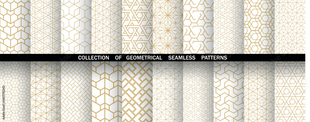 Poster geometric set of seamless golden and white patterns. simple vector graphics