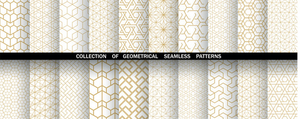 Geometric set of seamless golden and white patterns. Simple vector graphics