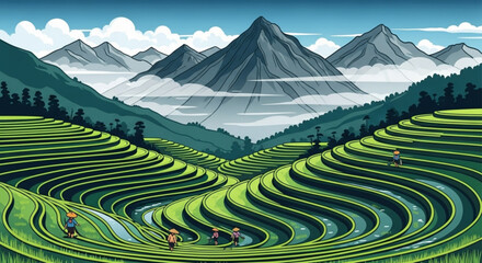 Obraz premium Explore beautiful rice terraces landscape with mountains and farmers vector illustration travel destination