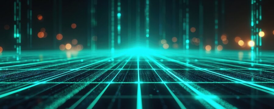 Futuristic glowing grid surface with abstract blue, green light streaks receding into darkness. Bokeh lights add depth to abstract technological sci-fi scene. Dynamic lines suggest speed, energy.
