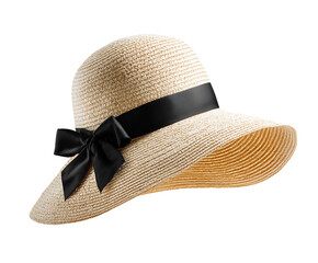 summer hat with black bow and ribbon isolated on white