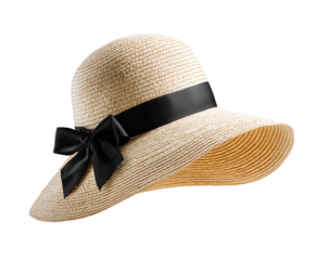 summer hat with black bow and ribbon isolated on white
