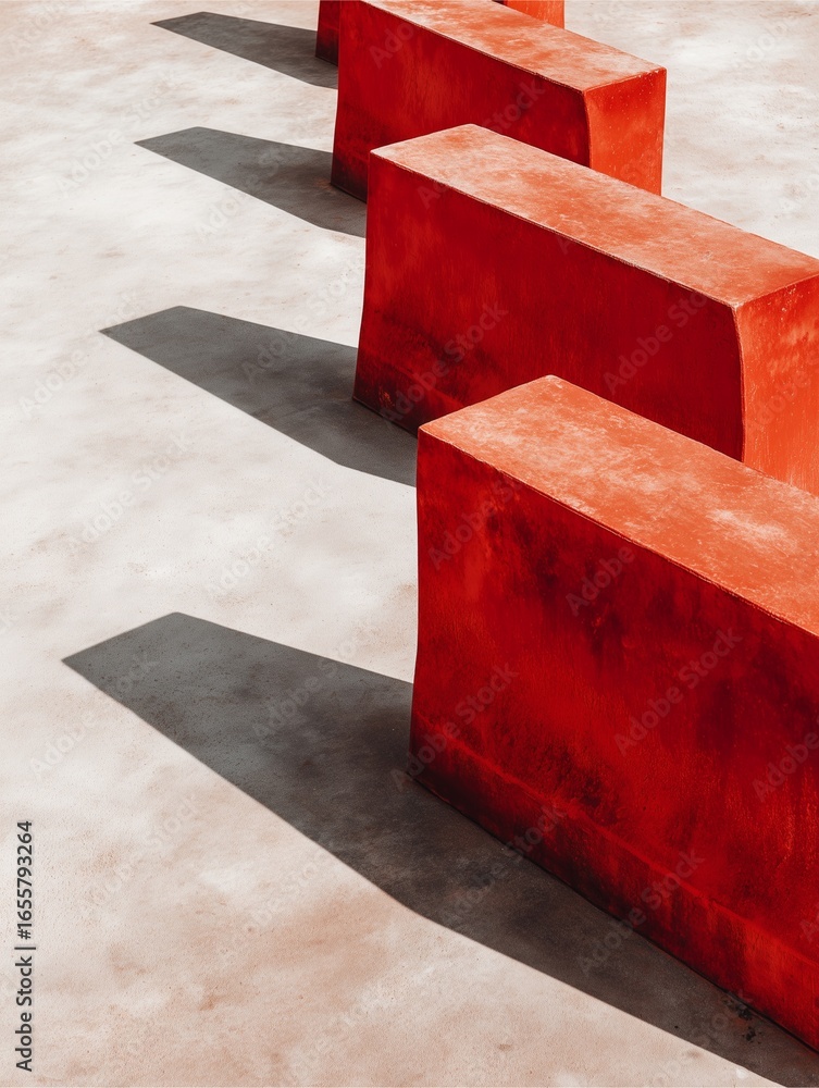 Poster red concrete blocks: a vibrant series of red concrete blocks casts dynamic shadows on a textured sur