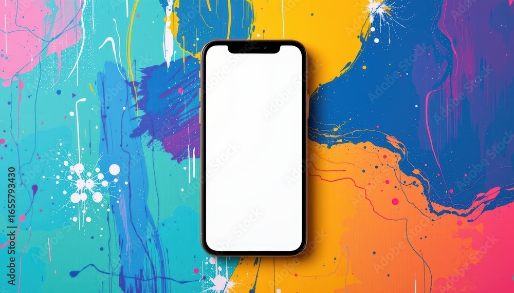 Poster a contemporary mobile device with a glowing screen display featuring an abstract wallpaper backgroun