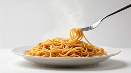 Steaming plate of spaghetti with a fork, showcasing delicious pasta in a simple presentation.