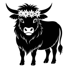 Highland Cow with Flower Crown vector clean black silhouette design white background