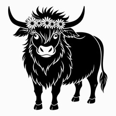 Highland Cow with Flower Crown vector clean black silhouette design white background