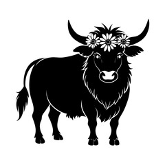 Highland Cow with Flower Crown vector clean black silhouette design white background