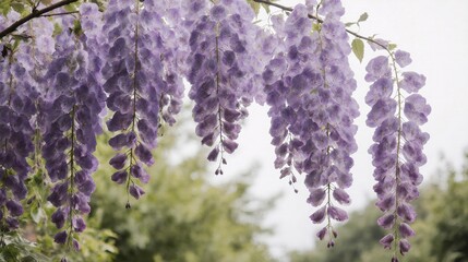 Vibrant purple wisteria blossoms hanging in a lush garden