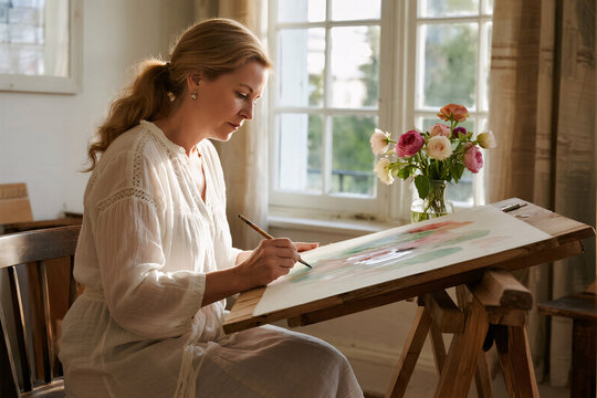 Graceful mature woman painting watercolor flowers at rustic wooden desk by large window, dappled sunlight, elegant natural tones, artistic lifestyle scene - Powered by Adobe