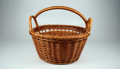 Obraz premium Handwoven wicker basket with arched handle, intricate weave pattern, empty on plain surface, rustic craftsmanship.