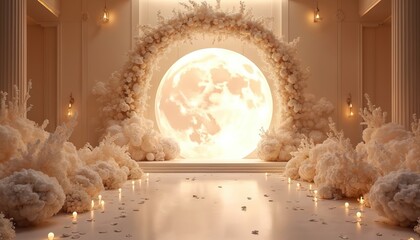 Elegant celestial wedding venue features giant illuminated moon backdrop with fluffy clouds, floral arch. Scattered candles, petals create romantic, magical atmosphere for cosmic ceremony or event.