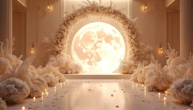 Elegant celestial wedding venue features giant illuminated moon backdrop with fluffy clouds, floral arch. Scattered candles, petals create romantic, magical atmosphere for cosmic ceremony or event.