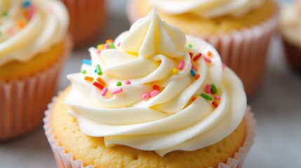 Delicious vanilla cupcake with creamy frosting and colorful sprinkles, perfect for celebrations.