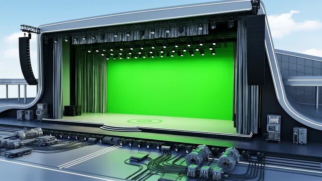 Futuristic Stage Design with Green Screen Backdrop and Cutting-Edge Tech, Cutting-Edge Stage Design with a Vibrant Green Screen and Sleek, Modern Aesthetics
