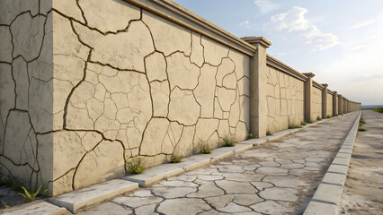 Long concrete retaining wall with systematic cracking, showing repetitive architectural elements and extensive weathering throughout structure