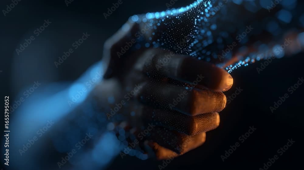 Poster two hands are shaking in a futuristic digital representation, illustrating collaboration and partner