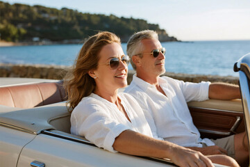 Healthy aging lifestyle scene of mature couple in vintage convertible by seaside, wind in hair, smiling, enjoying bright summer sunlight, joyful travel moment