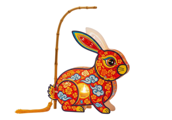 Traditional red rabbit lantern toy with golden floral patterns, isolated on white and transparent background for Chinese New Year and Mid-Autumn Festival