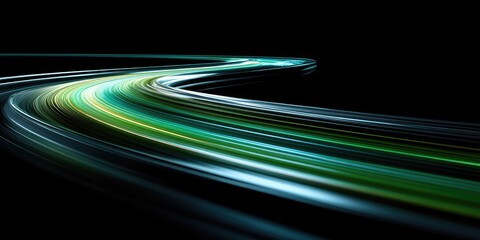 Abstract swirl of light trails, curving on dark background