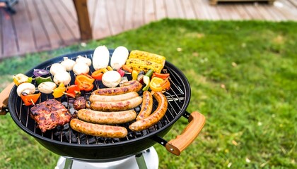 A vibrant outdoor barbecue scene showcases a variety of grilled meats and vegetables sizzling on a charcoal grill, set against a backdrop of lush green grass and wooden decking.