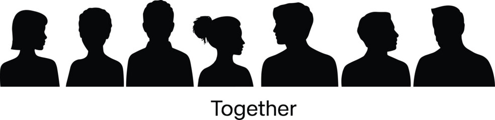 Silhouette head profiles, diverse people, black and white vector, side and front view, group illustration, human faces, professional concept