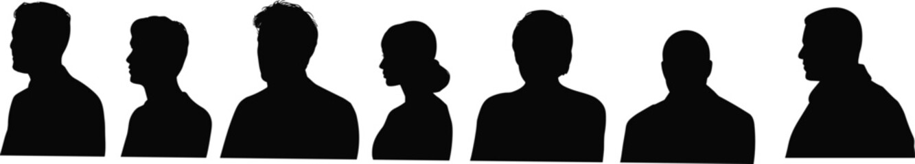Silhouette head profiles, diverse people, black and white vector, side and front view, group illustration, human faces, professional concept