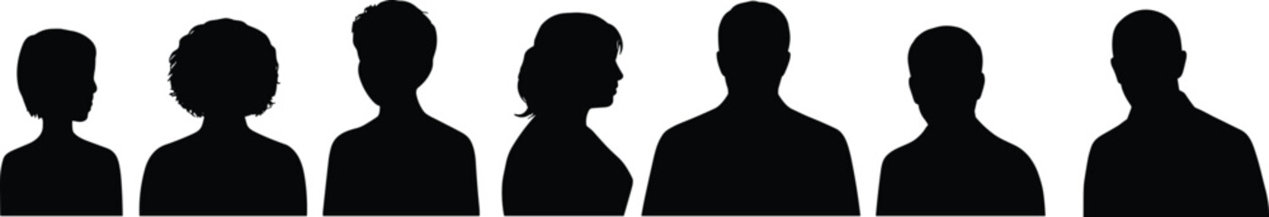 Silhouette head profiles, diverse people, black and white vector, side and front view, group illustration, human faces, professional concept