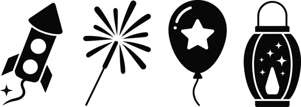 Collection of celebration fireworks and party icons in a distinctive silhouette style