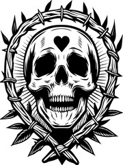 Obraz premium SVG featuring a skull adorned with cannabis leaves in a Halloween theme. Skull with Heart Motif Surrounded by Thorny Vine Design