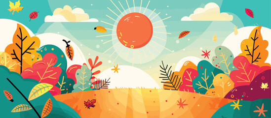 Colorful Autumn Landscape with Sunset Illustration