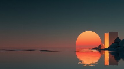 Minimalist Night Sky Illustration with Orange Glow and Dark Blue Water Forming Semicircular Shapes for Digital Art Display  