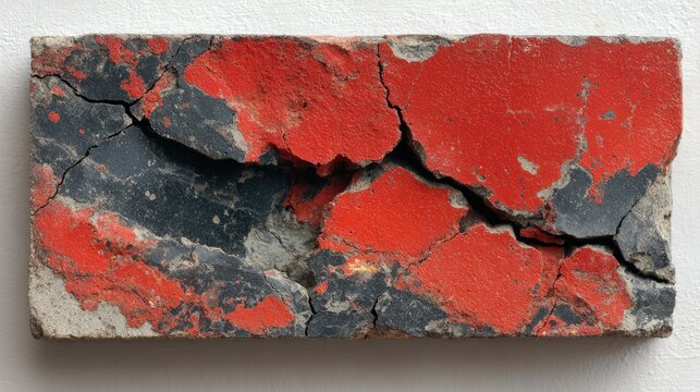 Cracked rectangular tile, red and black paint, distressed