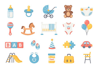 Baby & Kids Icon Set – Baby bottle, pacifier, stroller, diaper, teddy bear, rattle, crib, rocking horse, toy blocks, baby clothes, shoes, birthday hat, balloons, toy car, puzzle, playground slide, 