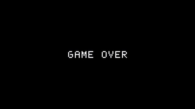 Classic game over pixel retro text animated with VHS glitch effect overlay on transparent background