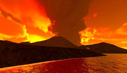 A dramatic volcanic landscape at fiery sunset, showcasing intense orange and fiery red hues, with dark volcanic silhouettes and a tranquil waterline.