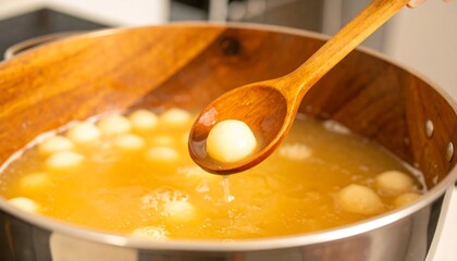 Light-colored dumplings are being cooked in a pot of liquid.