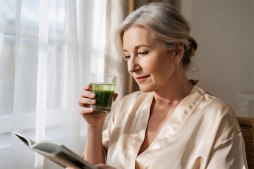 Healthy aging lifestyle of elegant mature woman in silk robe holding glass of spirulina water while reading wellness magazine, soft morning light through sheer curtains
