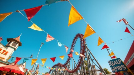 Vibrant amusement park scene with roller coaster and colorful flags under blue sky