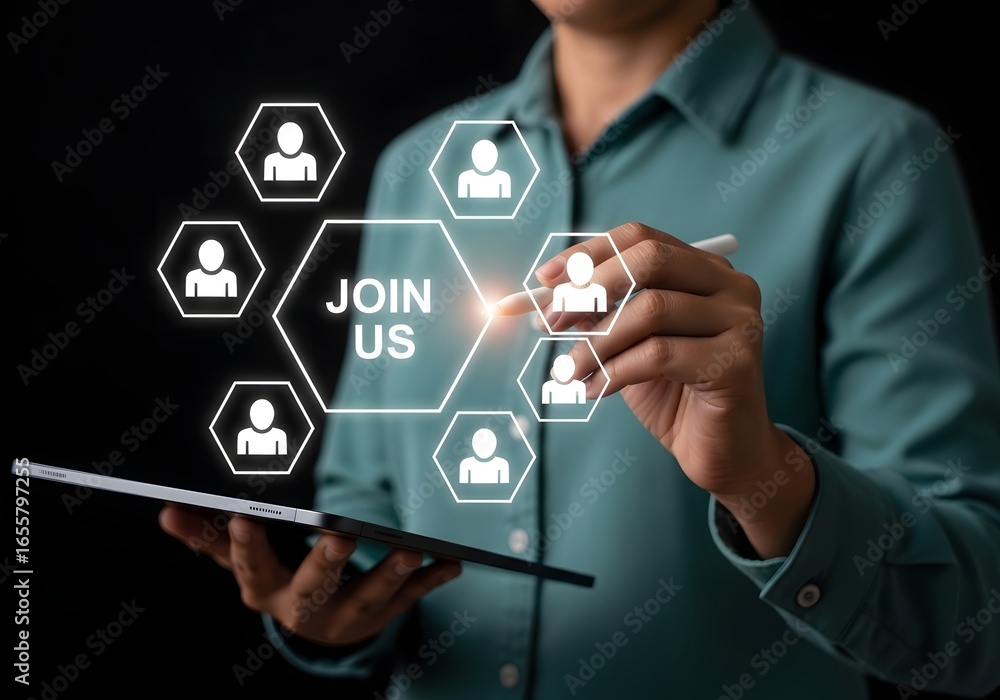 Poster person using a tablet with join us graphic and people icons in a dark background setting image