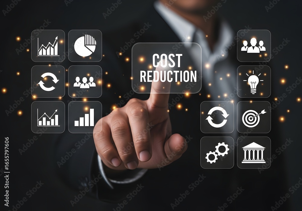 Poster A businessman interacting with a digital interface displaying cost reduction strategies and data charts