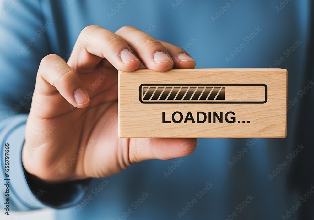 Poster a hand holding a wooden block with a loading bar and the word loading printed on it in black ink