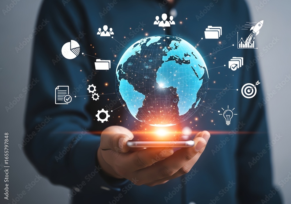 Poster a person holding a phone with a digital globe and business icons floating above it in a dark setting