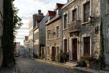 Fototapeta premium Charming cobblestone street in historic old town with stone buildings